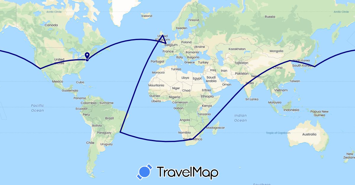 TravelMap itinerary: driving in Brazil, China, United Kingdom, India, Japan, United States, South Africa (Africa, Asia, Europe, North America, South America)
