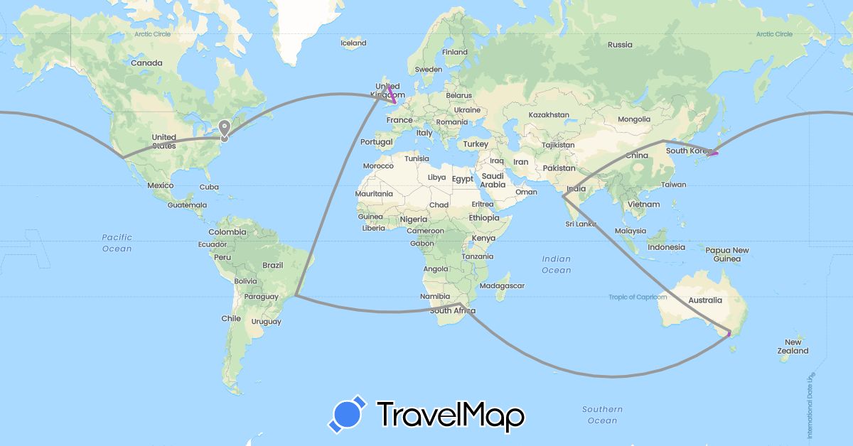 TravelMap itinerary: driving, plane, train in Australia, Brazil, China, United Kingdom, India, Japan, United States, South Africa (Africa, Asia, Europe, North America, Oceania, South America)