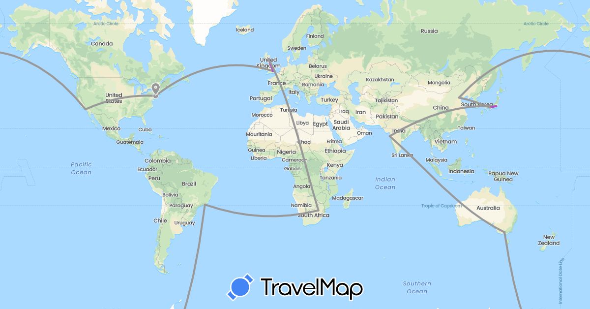 TravelMap itinerary: driving, plane, train in Australia, Brazil, China, United Kingdom, India, Japan, United States, South Africa (Africa, Asia, Europe, North America, Oceania, South America)